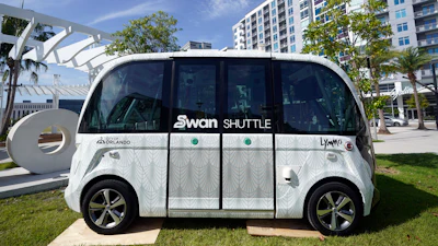 The new self driving SWAN (Shuttling with Autonomous Navigation) shuttle bus is displayed Wednesday, Aug. 16, 2023, in Orlando, Fla.