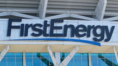 The signage for FirstEnergy Stadium is visible on the facade before an NFL preseason football game, Aug. 27, 2022, in Cleveland.