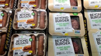 Packages of Beyond Meat's Beyond Burgers and Beyond Sausage, New York, April 29, 2021.