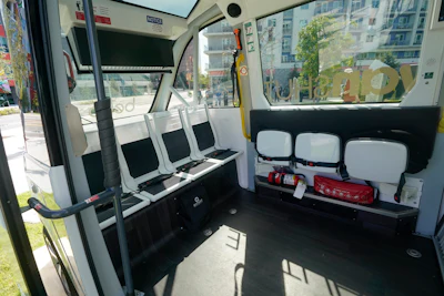 The interior of the new self driving SWAN (Shuttling with Autonomous Navigation) shuttle bus is seen Wednesday, Aug. 16, 2023, in Orlando, Fla.