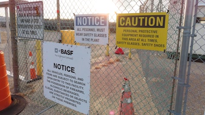 A gate at the entrance to the former Ciba Geigy chemical plant in Toms River, N.J. is filled with warnings in this Jan. 24, 2023 file photo regarding the contaminated area, which is on the Superfund list of the nation's worst toxic waste sites.