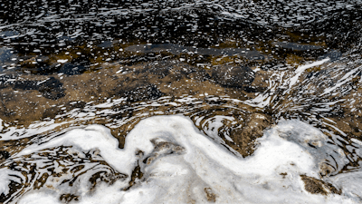 PFAS foam gathers at the the Van Etten Creek dam in Oscoda Township, Mich., near Wurtsmith Air Force Base on June 7, 2018.