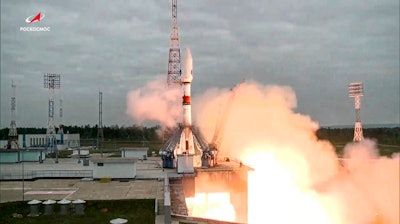 In this photo taken from video and released by Roscosmos State Space Corporation, the Soyuz-2.1b rocket with the moon lander Luna-25 automatic station takes off from a launch pad at the Vostochny Cosmodrome in the Russia's Far East, on Friday, Aug. 11, 2023.