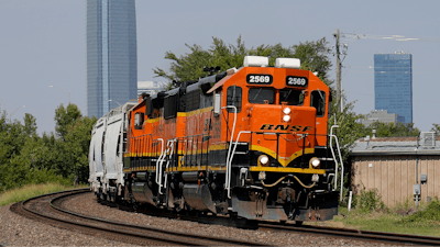 A BNSF locomotive heads south out of Oklahoma City, Sept. 14, 2022.