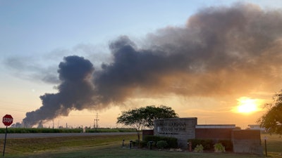 A plume of smoke drifts from the Marathon Petroleum refinery in Garyville, La., toward the Southeast Louisiana War Veterans Home in nearby Reserve, La.,. Friday, Aug. 25, 2023.