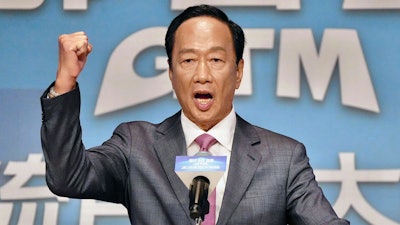 Terry Gou, the billionaire founder of Foxconn, speaks during a press conference in Taipei, Taiwan Monday, Aug. 28, 2023.