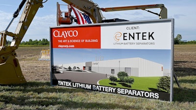 An artist's rendering for the new ENTEK lithium battery separators plant stands at the site on Wednesday, Sept. 6, 2023 in Vigo County Industrial Park II near Terre Haute, Ind.