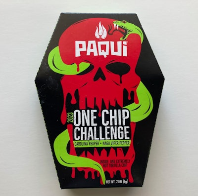 A package of Paqui One Chip Challenge spicy tortilla chips is seen on Thursday, Sept. 7, 2023, in Boston.