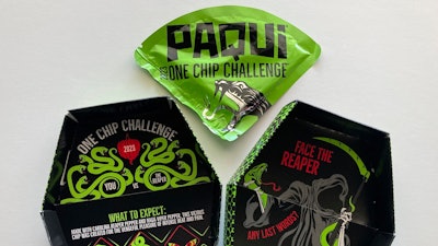 A package of Paqui One Chip Challenge spicy tortilla chips is seen on Thursday, Sept. 7, 2023, in Boston.