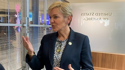 U.S. Energy Secretary Jennifer Granholm gestures as she speaks at the UN offices in Vienna, Monday Sept. 25, 2023.