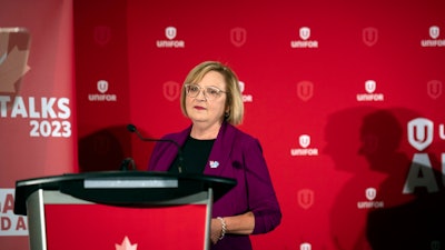 Lana Payne, Unifor national president speaks during a news conference, Aug. 29, 2023, in Toronto.