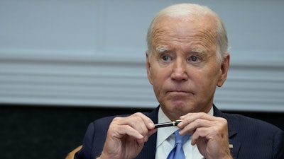 President Joe Biden pauses after answering a question about the auto workers strike as he speaks in the Roosevelt Room of the White House in Washington, Monday, Sept. 25, 2023.
