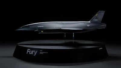 A 1:2 scale model of Fury, the group five autonomous aircraft designed by Blue Force Technologies, which has been acquired by Anduril Industries.