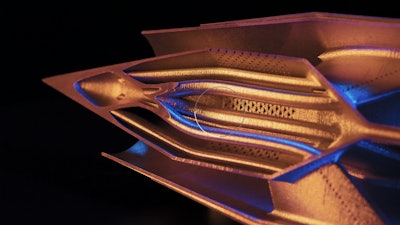 Close up of cut ramjet shows complexity of internal features.
