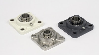 Four-bolt flange mounted bearing units shown in three different materials (L-R): thermoplastic, stainless steel, and cast iron.