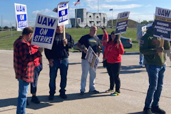 Striking United Auto Workers picket outside the Stellantis plant that makes Jeeps in Toledo, Ohio, on Friday, September 15, 2023.
