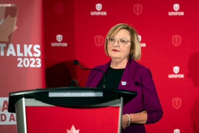 Lana Payne, Unifor national president speaks during a news conference, Aug. 29, 2023, in Toronto.