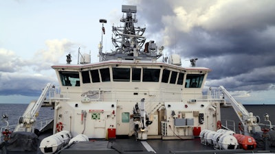 In this picture provided by The Finnish Border Guard, Finnish Border Guard's offshore vessel Turva on patrol at sea, Tuesday, Oct. 10, 2023 near the place where damaged Balticconnector gas pipeline is pinpointed at the Gulf of Finland.