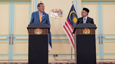 Thai Prime Minister, Srettha Thavisin, left, meets with Malaysia's Prime Minister Anwar Ibrahim on the occasion of Thavisin's official visit to Malaysia, in Jakarta, Wednesday, Oct. 11, 2023.