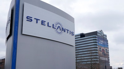 This Jan. 19, 2021 file photo shows the Stellantis sign outside the Chrysler Technology Center in Auburn Hills, Mich.