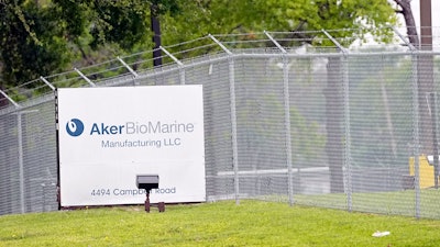 A sign stands in front of Aker BioMarine facilities in Houston on Wednesday, April 26, 2023. The Norwegian company is responsible for about 70% of the global krill catch by volume.