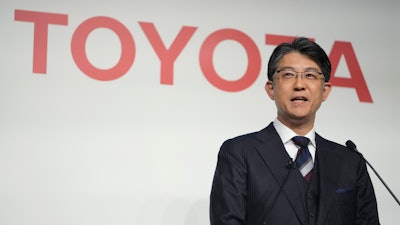 Toyota Motor Corp. CEO Koji Sato, with Idemitsu Kosan Co. President and CEO Shunichi Kito, speaks during their news conference in Tokyo, Thursday, Oct. 12, 2023.