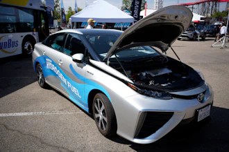 A 2021 Toyota Prius that runs on a hydrogen fuel cell sits on display at the Denver auto show on Sept. 17, 2021, at Elitch's Gardens in downtown Denver.