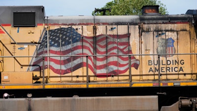 An American flag is emblazoned on this Union Pacific Railroad locomotive sitting in the Jackson, Miss., terminal rail yard, Wednesday, April 20, 2022.