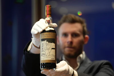 A bottle of the world's most valuable whisky is on display during a media preview of Sotheby's auction, in London, Thursday, Oct. 19, 2023.