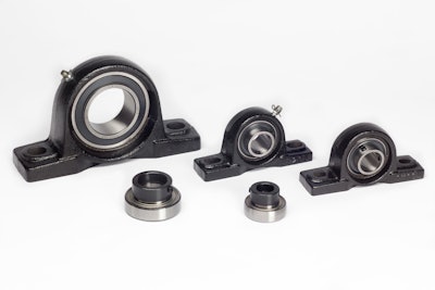 Examples of different sizes of pillow blocks (rear) and insert bearings with eccentric locking collars (front).