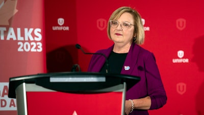 Lana Payne, Unifor national president speaks during a news conference, Aug. 29, 2023, in Toronto.