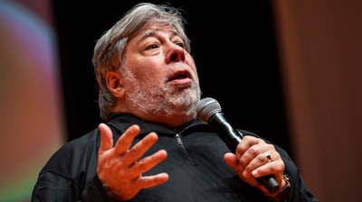Apple co-founder Steve Wozniak speaks at the Novathon Conference in Budapest, Hungary, on Oct. 30, 2019.