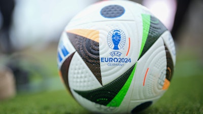 A UEFA Euro 2024 Ball lays on the ground during a presentation of the new ball in Berlin, Germany, Wednesday, Nov. 15, 2023.