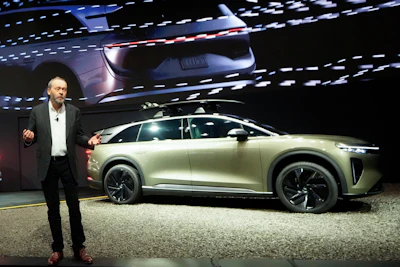 Lucid Motors CEO Peter Rawlinson introduces the all-electric SUV 2025 Lucid Gravity at the AutoMobility LA Auto Show, Thursday, Nov. 16, 2023, in Los Angeles.