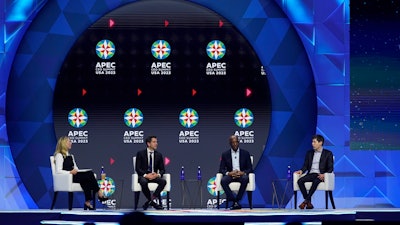 From left, Emerson Collective founder Laurene Powell-Jobs, Meta CPO Chris Cox, Google SVP James Manyika and OpenAI CEO Sam Altman at the Asia-Pacific Economic Cooperation CEO Summit, San Francisco, Nov. 16, 2023.