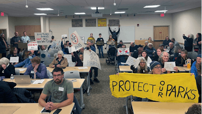 Protesters against fracking in state parks gathered for an Oil and Gas Land Management Commission meeting in Columbus, Ohio on Wednesday, Nov. 15, 2023. The commission voted to frack several state park and wildlife areas for oil and gas in a tense public meeting, much to the disappointment of Ohio environmental advocates.