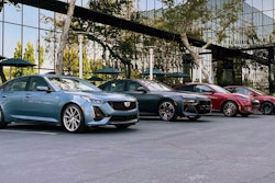 This photo provided by Edmunds shows the BMW i7, Cadillac CT5-V, Ford Mustang Mach-E and Tesla Model Y.