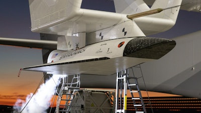 Stratolaunch's Talon-A 1 (TA-1) is fueled with liquid oxygen prior to its maiden captive carry flight on Dec. 21, 2023.