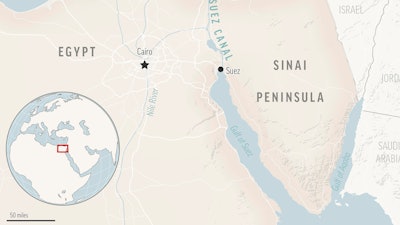This is a locator map for the Suez Canal and the Sinai Peninsula in Egypt, with its capital, Cairo.