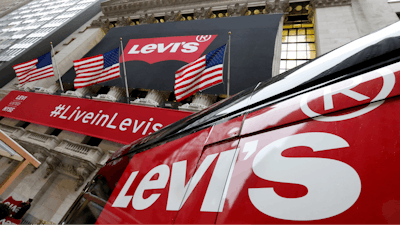 A Levi's banner adorns the facade of the New York Stock Exchange, March 21, 2019.