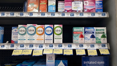 A selection of eye drops line a shelf at a pharmacy in Los Angeles on Tuesday, Dec. 12, 2023.