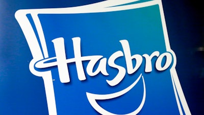 The Hasbro logo is seen, April 26, 2018, in New York.