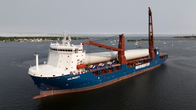 The ship UHL Felicity, carrying parts for offshore wind turbines, arrives to dock May 24, 2023, in New Bedford, Mass.