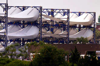 Giant wind turbine blades for the Vineyard Winds project are stacked on racks in the harbor, July 11, 2023, in New Bedford, Mass.