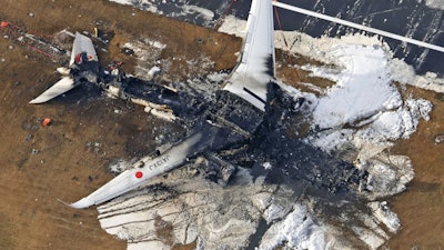 This aerial photo show the burn-out Japan Airlines plane at Haneda airport on Wednesday, Jan. 3, 2024, in Tokyo, Japan.