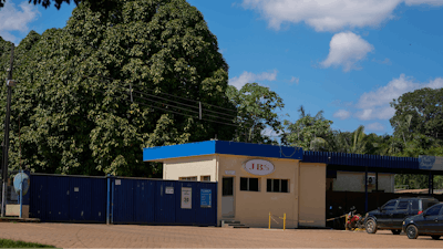 The main entrance of the meat processing company JBS is visible in Porto Velho, Rondonia state, Brazil, Wednesday, July 12, 2023.