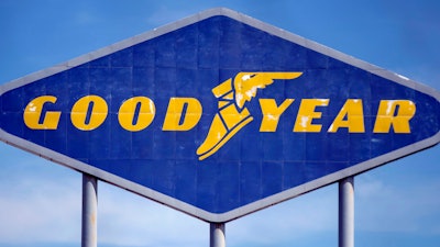 In this Aug. 20, 2020 file photo, signage for the Goodyear Distribution Center stands in Topeka, Kan. Goodyear Tire & Rubber Co. has named former Stellantis executive Mark Stewart as its new CEO.
