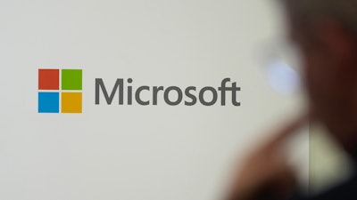 The Microsoft logo is displayed at an event at the Chatham House think tank in London, Monday, Jan. 15, 2024.