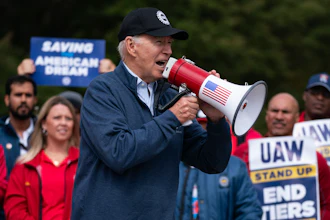 President Joe Biden speaks to striking United Auto Workers on the picket line outside the Willow Run Redistribution Center, UAW Local 174, Sept. 26, 2023, in Van Buren Township, Mich.