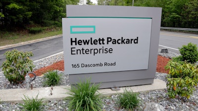 A sign marks the entry way into Hewlett Packard Enterprise, May 24, 2016, in Andover, Mass.